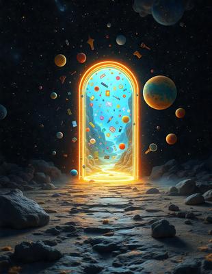 The primary subject of the image is a doorway with a blue door, surrounded by various objects. The setting is a space with a backdrop of planets and stars. The visual style is digital art, and the colors and mood are vibrant and lively.